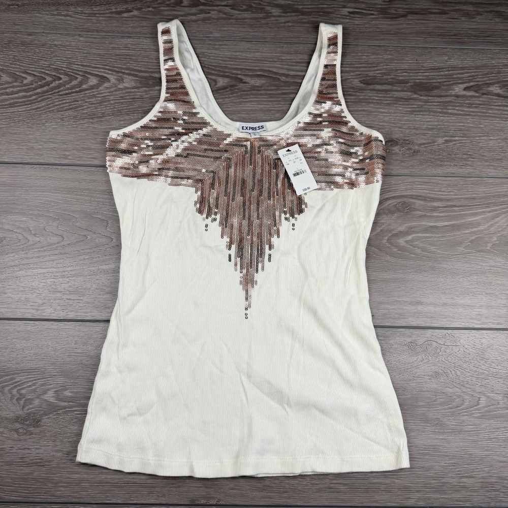 Express Women's Sleeveless Gold Sequin Design Tank Top White Large New - Picture 2 of 7